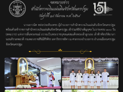 18-09-2569 นางเยาวนิต หล่อประดับเพชร ผตจ.นครปฐม เข้าร่วมพิธีบำเพ็ญกุศล ในวาระครบ ๑๐๐ วัน (สตมวาร) แห่งการสิ้นพระชนม์ ถวายเป็นพระราชกุศลแด่สมเด็จพระเจ้าลูกเธอ เจ้าฟ้าพัชรกิติยาภาฯ